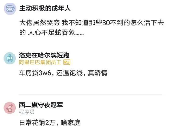 网友评论截图:吐槽车房贷3万6还称在温饱线“真矫情”