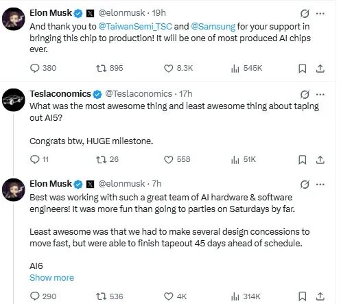 Elon Musk关于AI5流片的推文截图