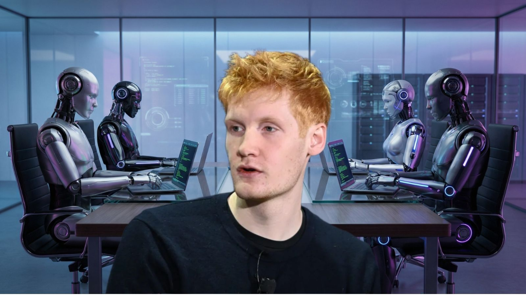 一位红发男子与数个机器人共事的科幻场景