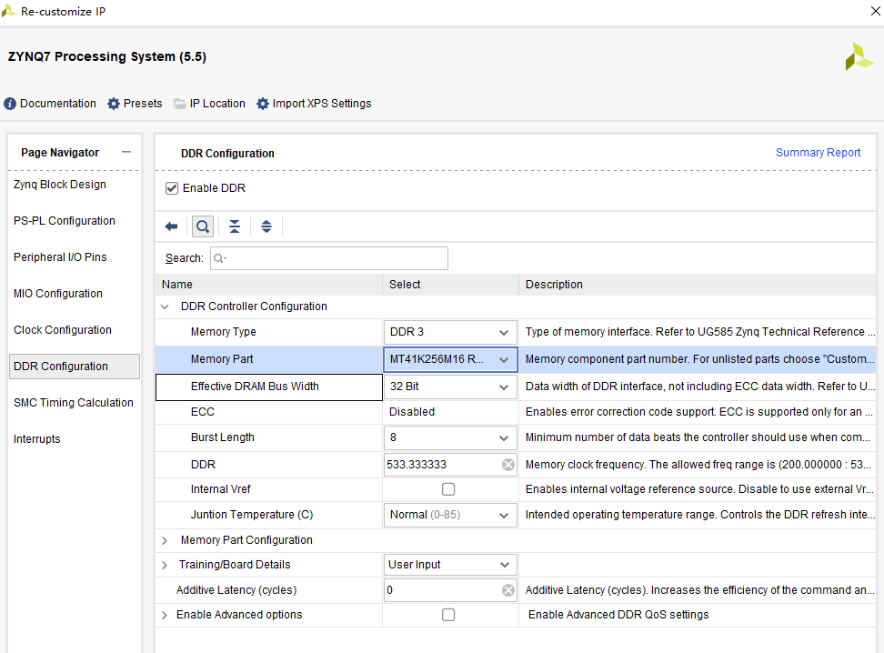 ZYNQ7 DDR 型号与参数配置界面