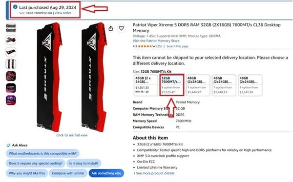 Patriot Viper Xtreme 5内存当前标价1523美元