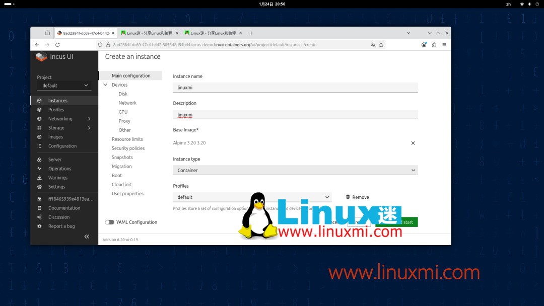 Incus UI创建新实例界面