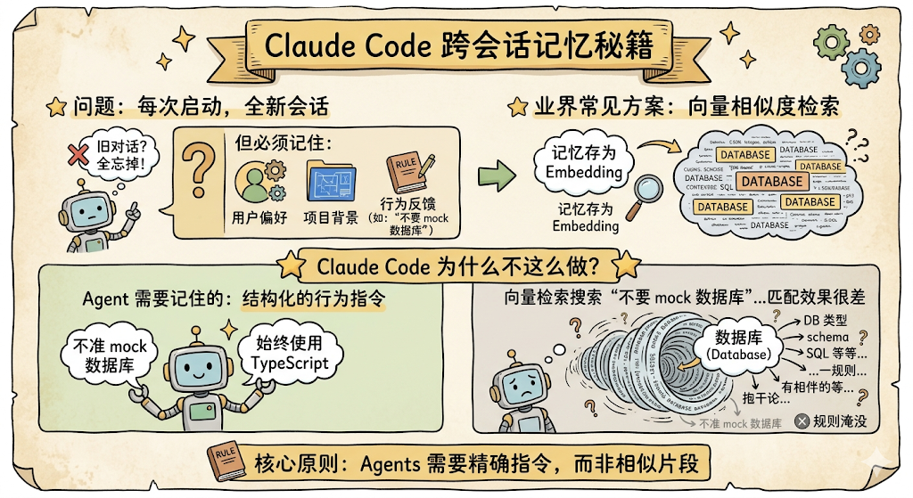 一张关于Claude Code跨会话记忆秘籍的科普插画,整体为复古卷轴风格背景,包含多个卡通机器人形象和图文说明。左上角标题为'Claude Code 跨会话记忆秘籍',下方分三部分:左上部分讲述问题(每次启动全新会话)及必须记住的内容(用户偏好、项目背景、行为反馈),配以机器人思考表情;右上部分介绍业界常见方案——向量相似度检索,展示记忆存储为Embedding的过程;中间横幅标题'Claude Code 为什么不这么做?'下分左右两块:左侧机器人强调Agent需记住结构化行为指令(如不准mock数据库、始终使用TypeScript);右侧机器人面对漩涡状向量检索过程,指出其匹配效果差、存在DB类型/Schema/SQL等规则不匹配、拒千论、规则淹没等问题。底部横幅总结核心原则:Agents需要精确指令,而非相似片段。