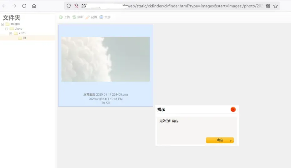 文件上传错误提示截图：“无效的扩展名”