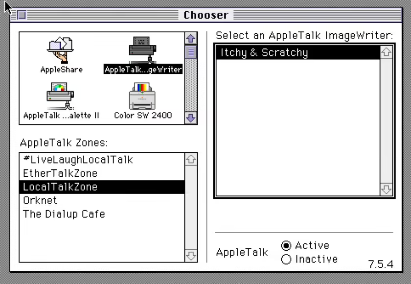 AppleTalk Chooser 界面,展示 AppleTalk Zones 与打印机选择
