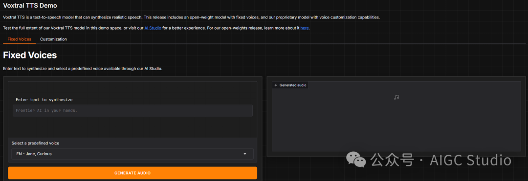 Voxtral TTS 官方演示空间界面