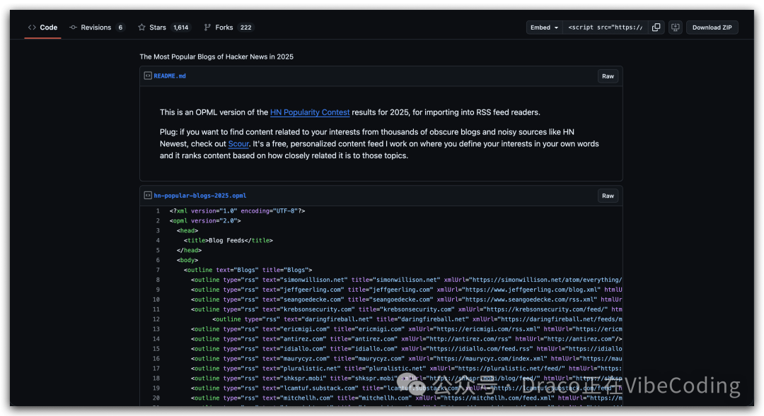 GitHub Gist页面内容，为OPML格式的博客订阅列表
