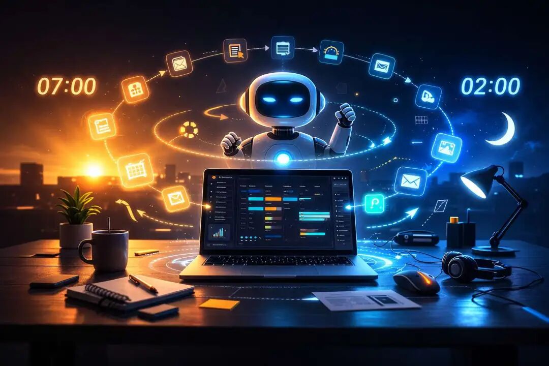 描绘AI机器人从早7点工作到凌晨2点的科幻插画