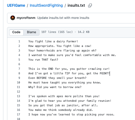 Insult Sword Fighting游戏台词文件insults.txt截图