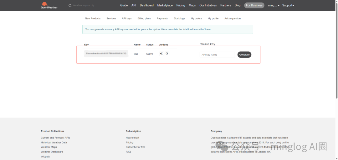 OpenWeather API密钥管理页面，显示已创建的API Key列表
