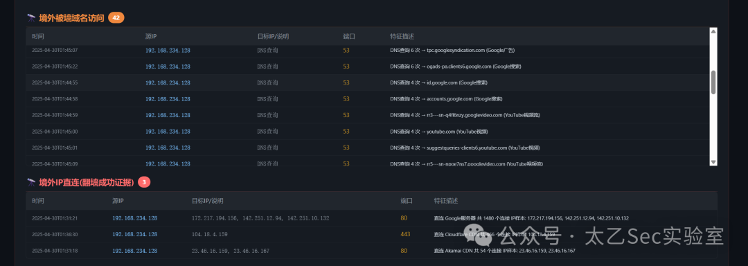 网络访问日志截图，显示境外域名DNS查询和IP直连记录