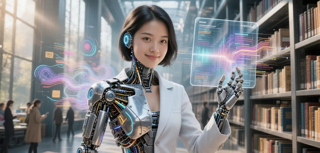 一位半机械人女性在图书馆中，通过机械臂交互全息界面，科技感十足
