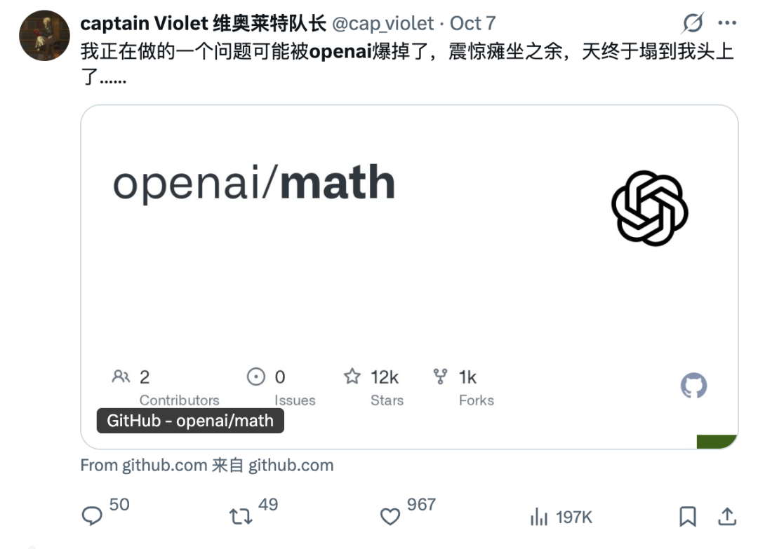 GitHub仓库openai/math的社交媒体截图