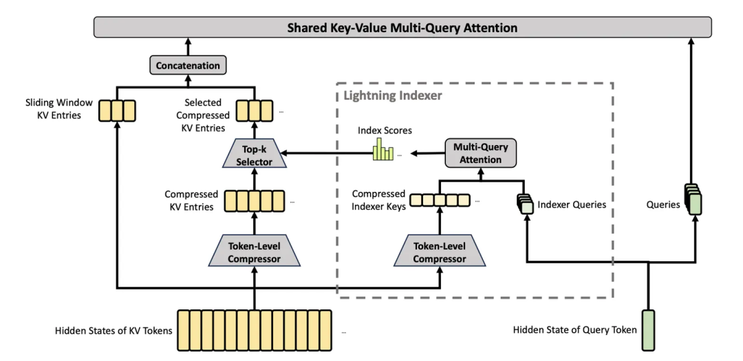 Shared Key-Value Multi-Query Attention 流程图，展示了 Lightning Indexer 模块内部的数据流