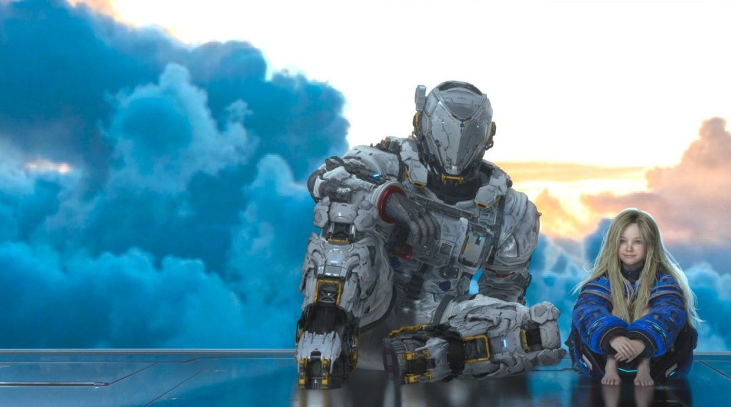科幻机甲战士与金发小女孩的温情场景