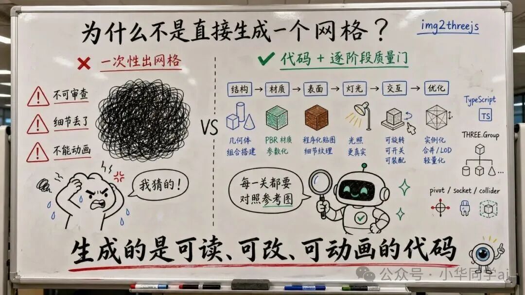 逐阶段质量门 vs 一次性网格:生成可读可改可动画的代码
