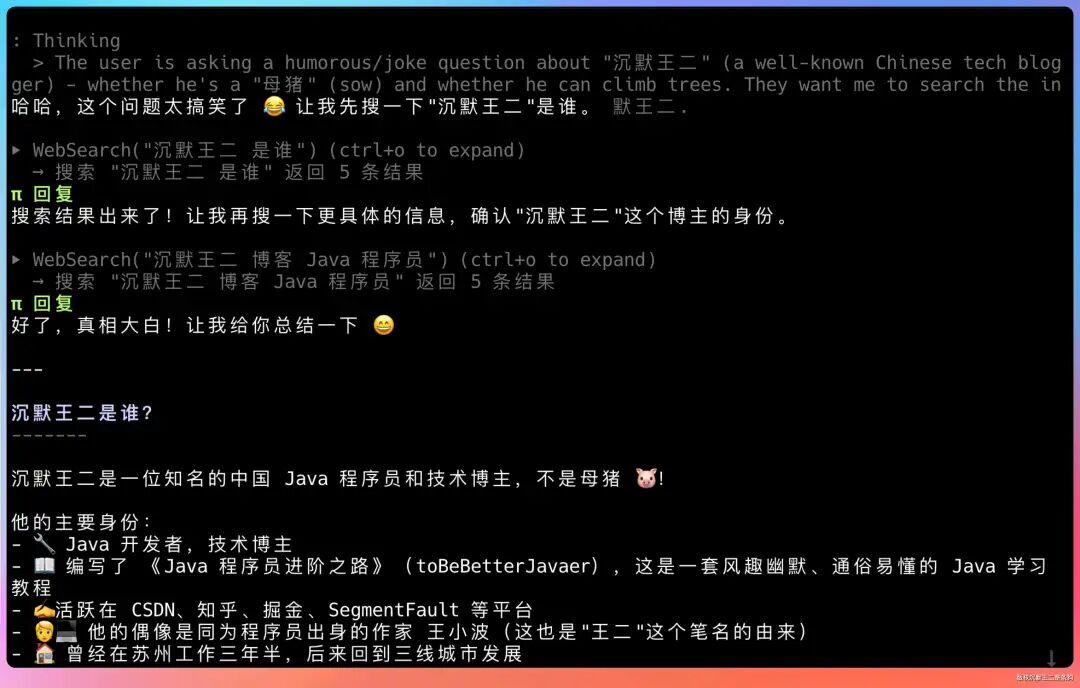 终端界面截图，展示AI通过多轮网络搜索推理并回答“沉默王二是谁”的过程