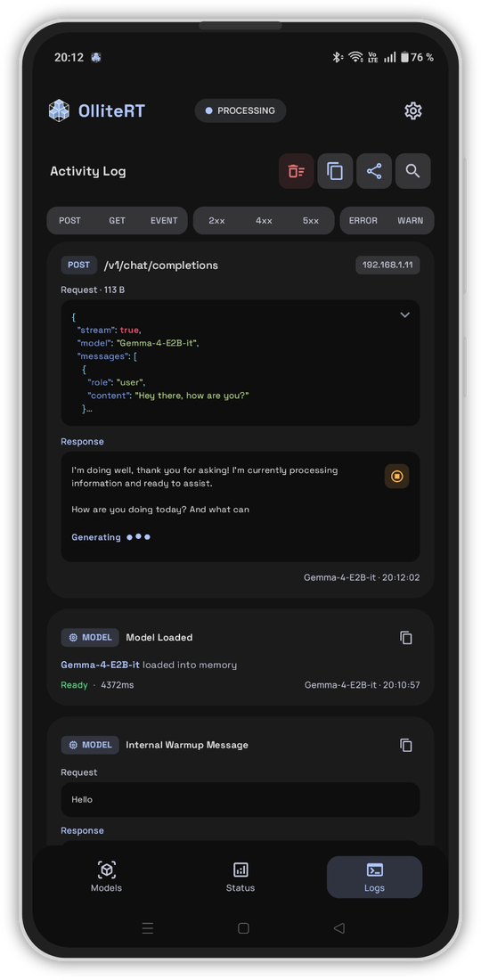 OlliteRT Activity Log 日志页:chat/completions 请求与响应、模型加载日志