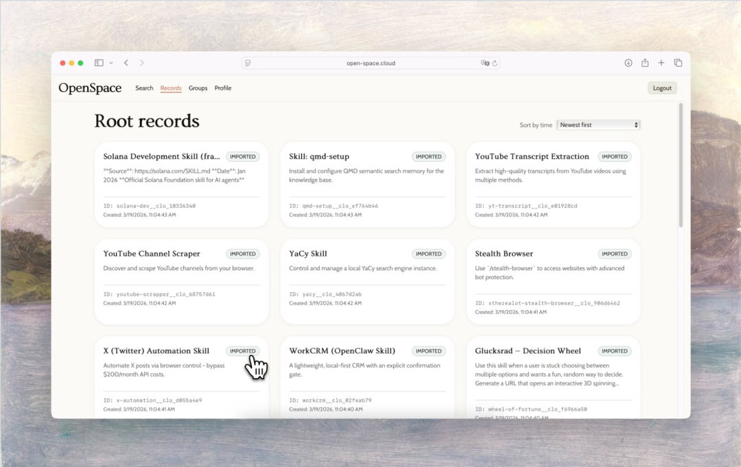 OpenSpace云端社区技能库页面截图