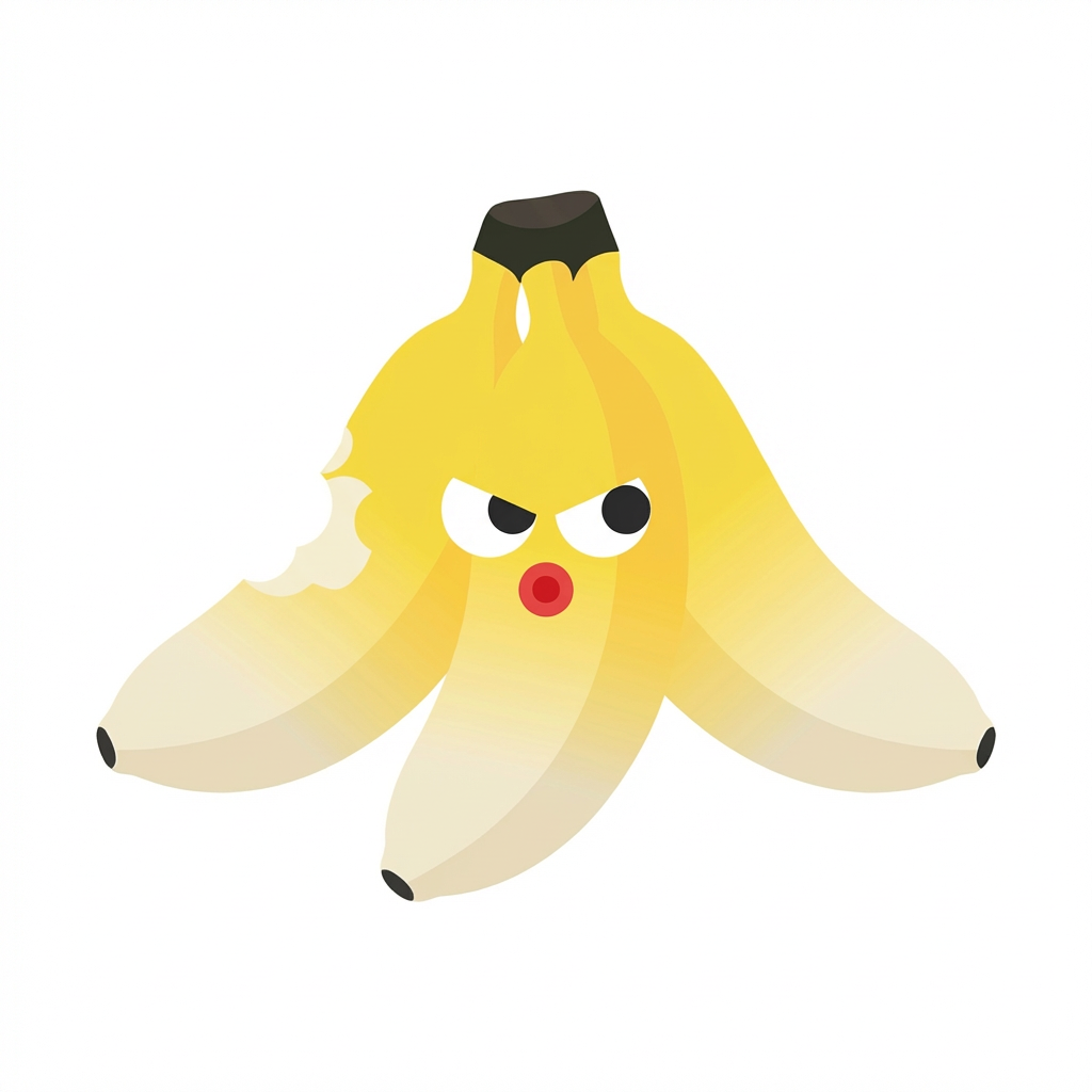 拟人化香蕉表情愤怒，皮被咬一口