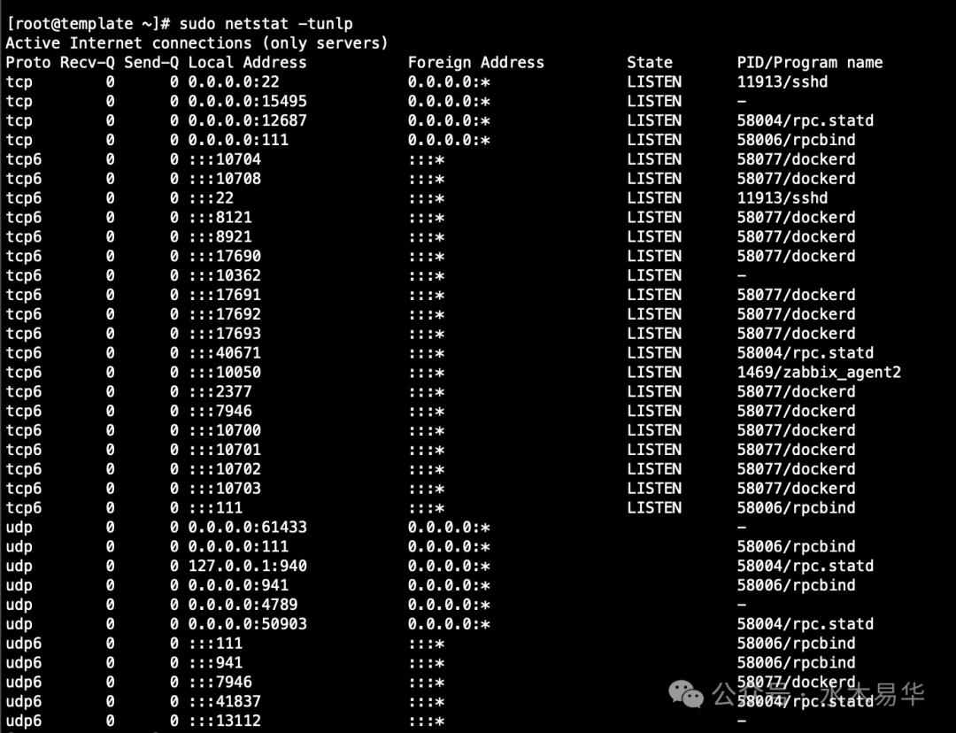 netstat命令查看监听端口结果示例