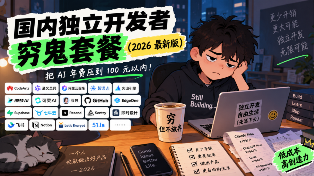 国内独立开发者穷鬼套餐2026插画:AI订阅费用对比与免费替代工具清单