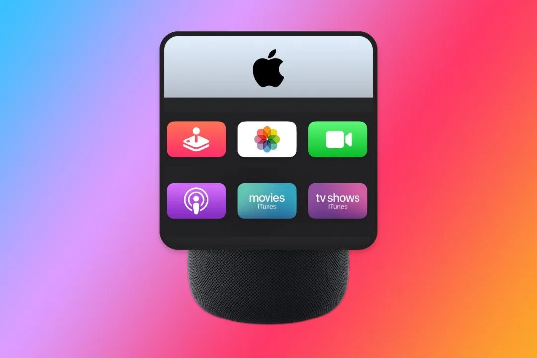 带屏幕的Apple HomePod概念图,显示多种应用图标