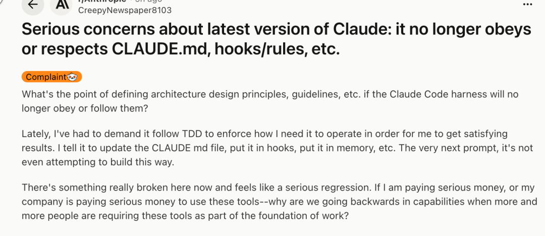 Reddit帖子截图，标题为关于Claude模型不遵守配置文件的投诉
