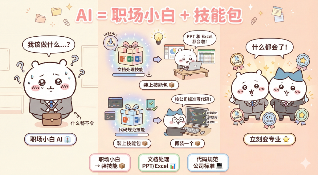 AI通过安装技能包从小白变专家的漫画