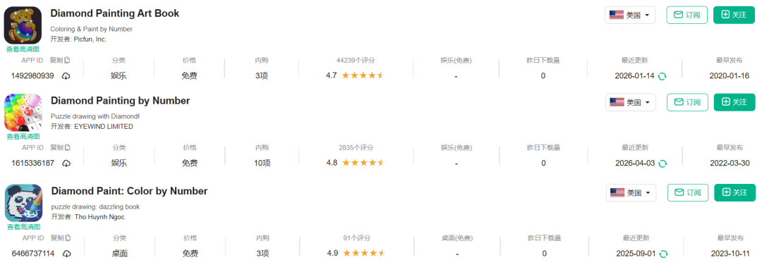 多款钻石画题材手游应用信息列表