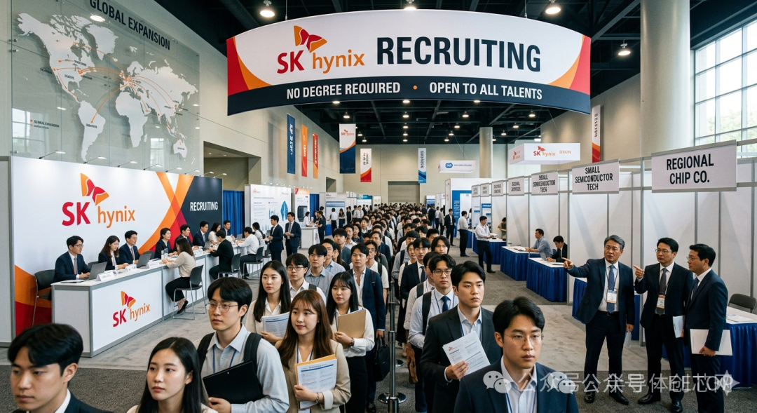 SK hynix的招聘会现场,求职者排队等候,展位上方悬挂巨大横幅