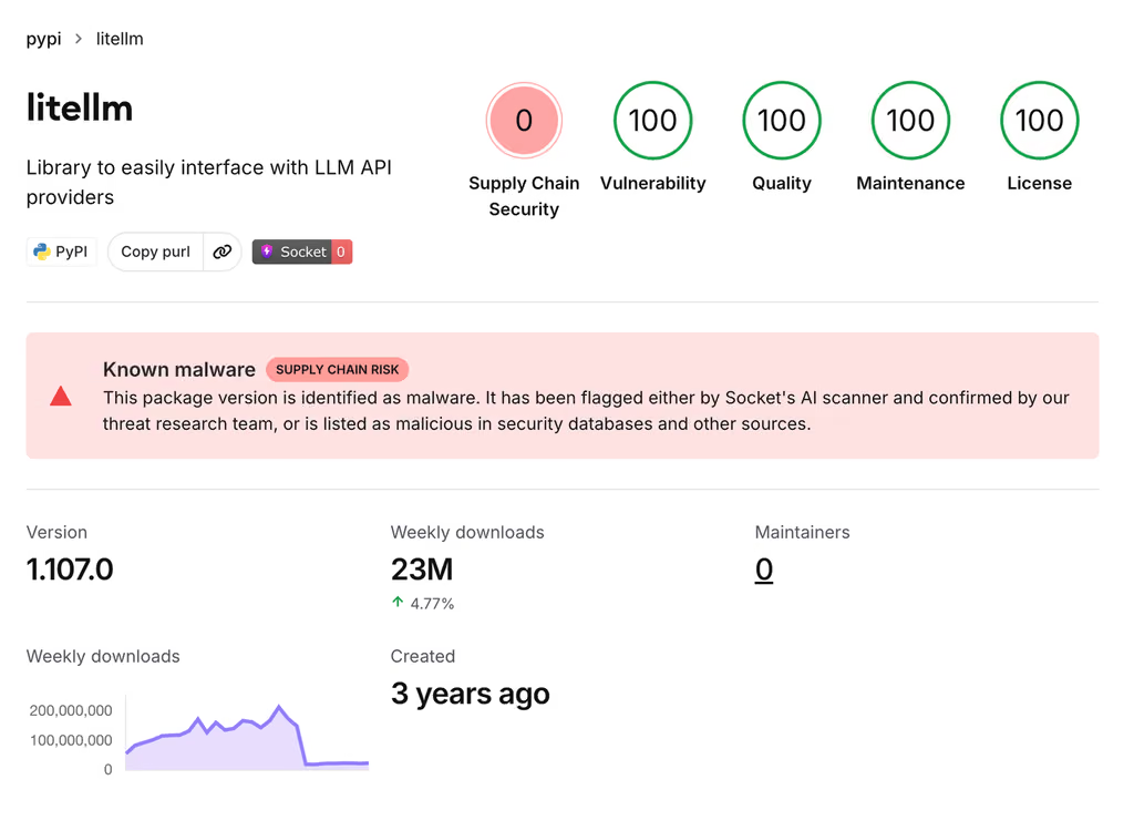 LiteLLM PyPI恶意包页面展示Known malware供应链风险标识