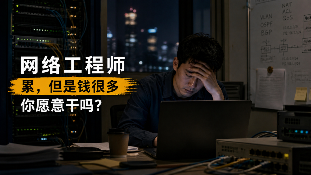 网络工程师深夜疲惫工作场景
