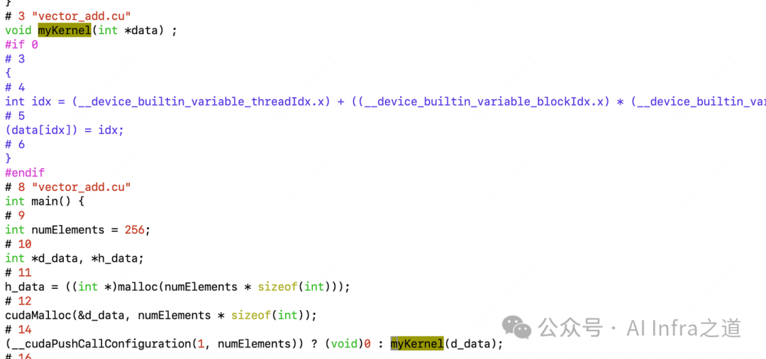 CUDA前端处理后的代码示例