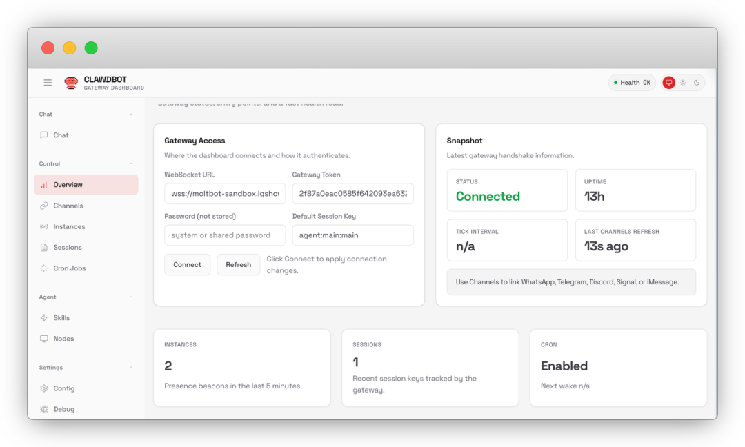 OpenClaw 网关控制面板概览，状态为已连接