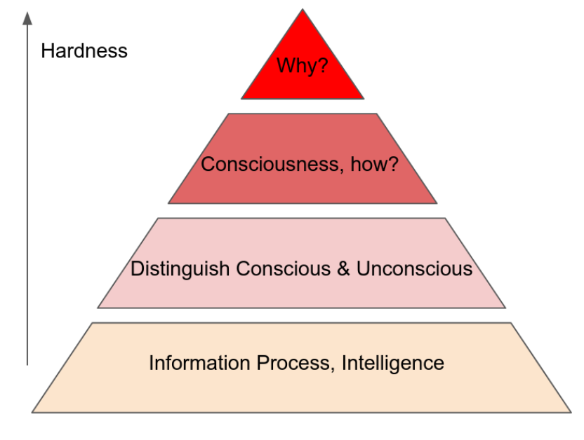 意识金字塔：从底层“Information Process, Intelligence”到顶层“Why?”，Hardness递增