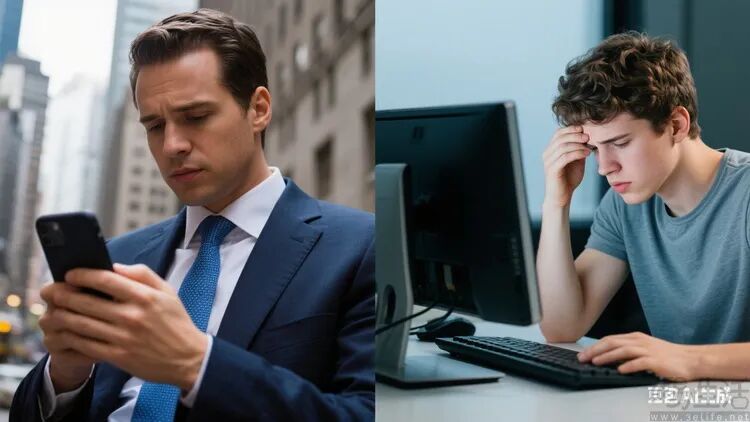 西装精英与疲惫程序员的人物对比图