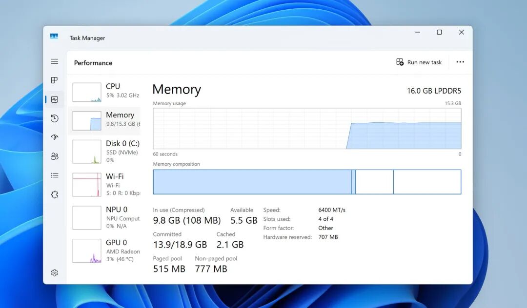 Windows 11 任务管理器显示16GB内存已被占用9.8GB