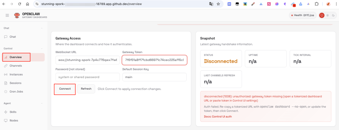 Web控制台概述页面，填入网关Token