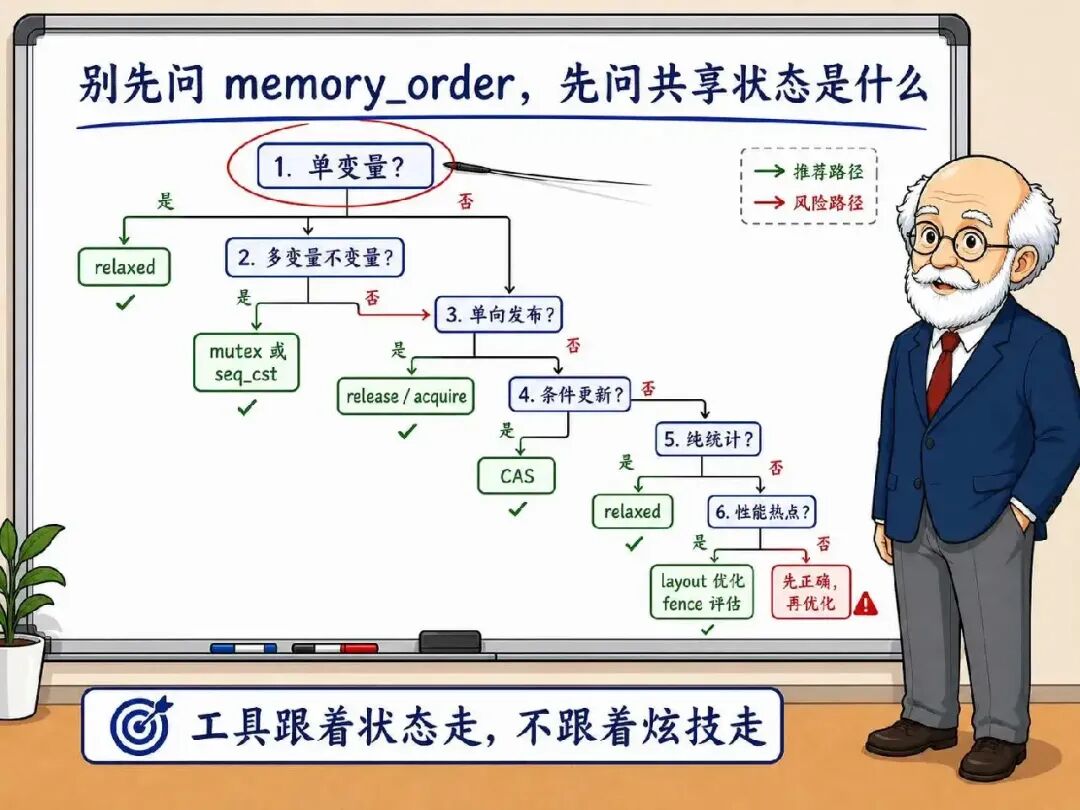 C++ 内存序决策流程图:先问共享状态,再选 memory_order