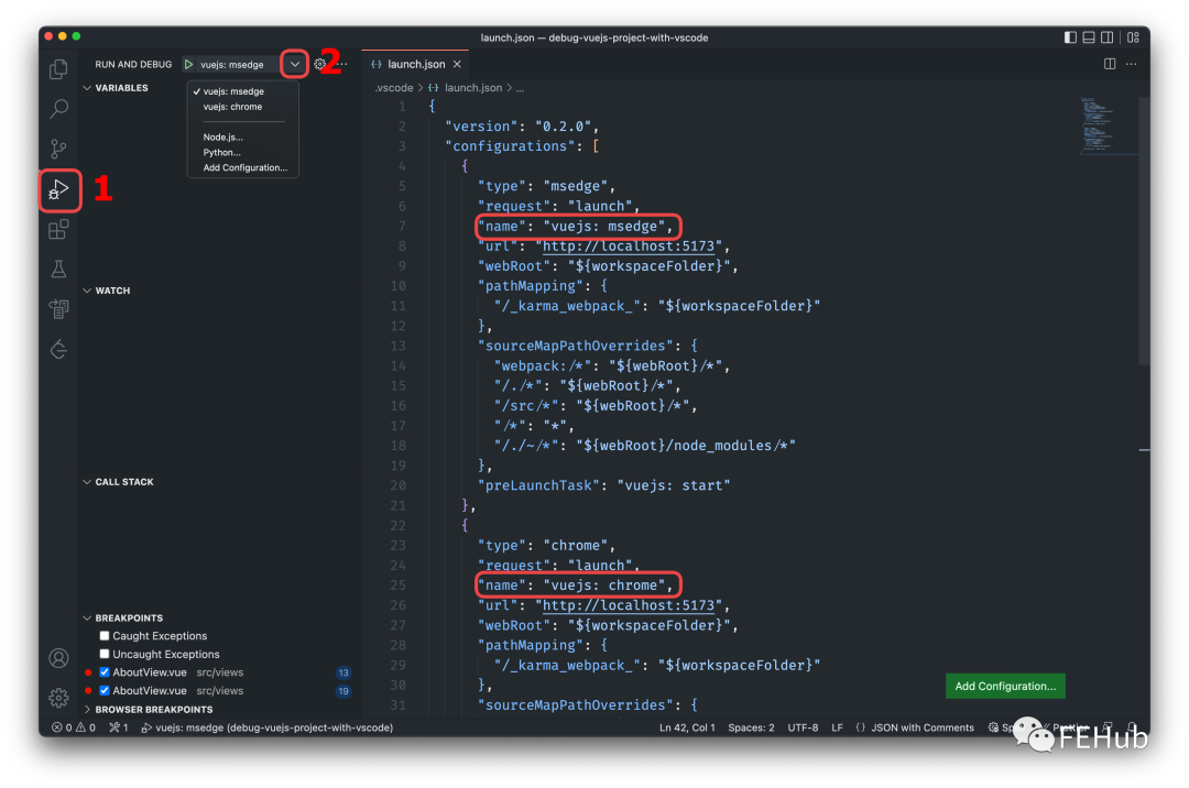 VS Code 调试面板,展示包含多个配置(如 msedge 和 chrome)的下拉菜单