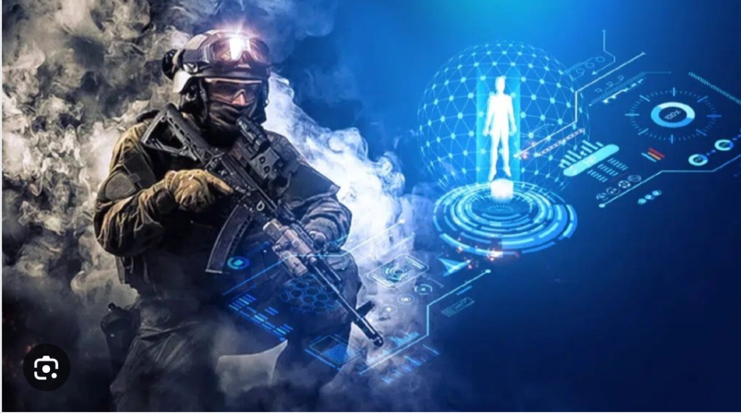 一名全副武装的士兵身处烟雾中,右侧是包含数据图表与网络结构的科技界面