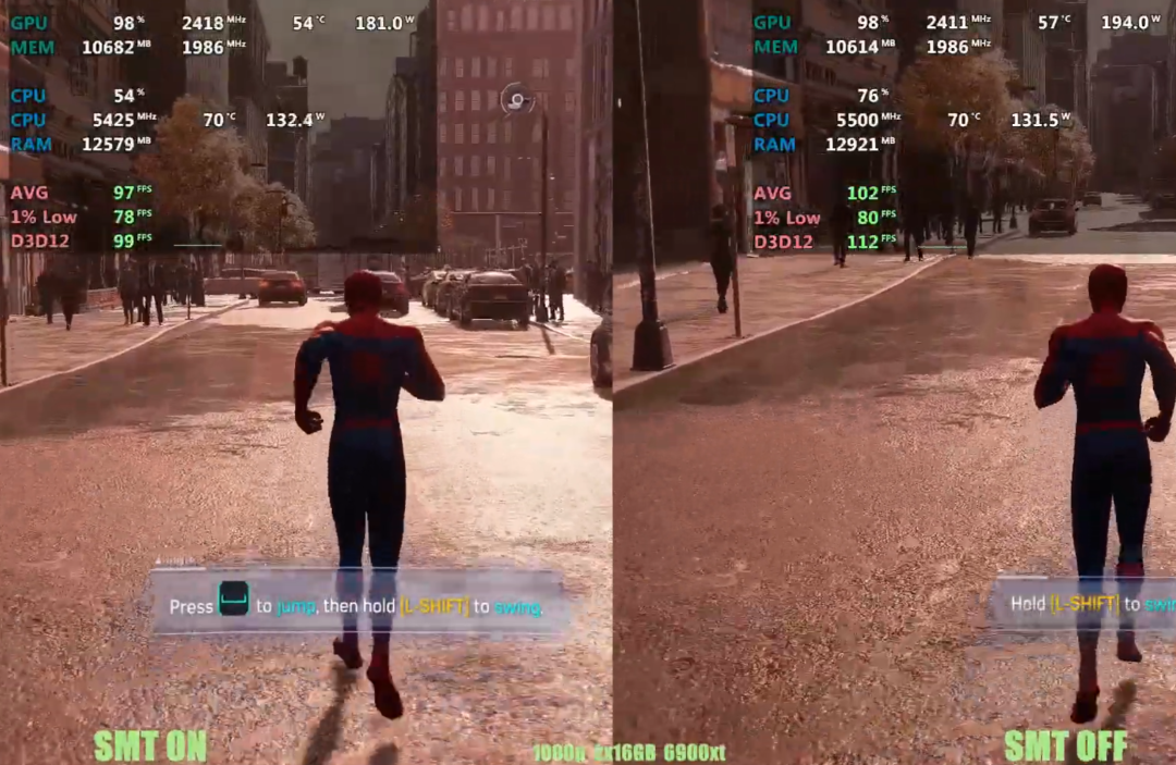 《漫威蜘蛛侠》SMT开启与关闭帧数对比