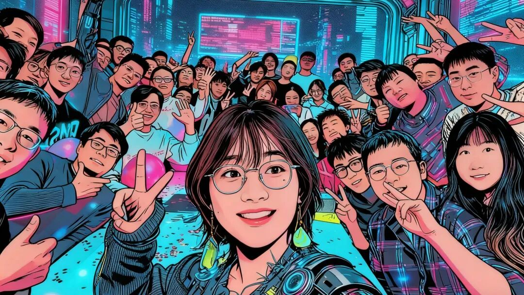 赛博朋克风格团队欢聚插画
