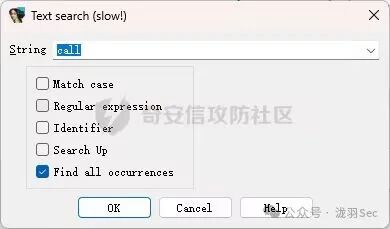 IDA文本搜索对话框,查找所有CALL指令
