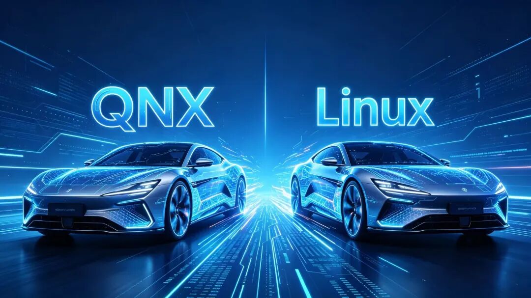 蓝色科技风格背景中，两辆银灰色未来感电动跑车对称停在中央，车身覆盖发光的蓝色网格状全息线条，车头灯亮起。画面左右两侧分别有发光蓝色文字：QNX与Linux，中间由一道垂直光束分隔。
