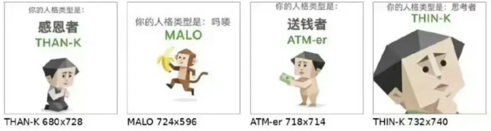 并列展示的四种人格测试结果图:感恩者、呜噗、送钱者、思考者
