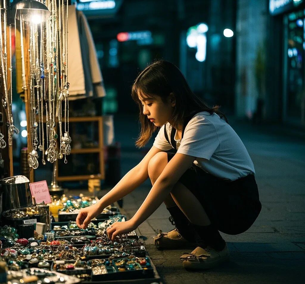 夜晚街边摊位前女性在挑选饰品