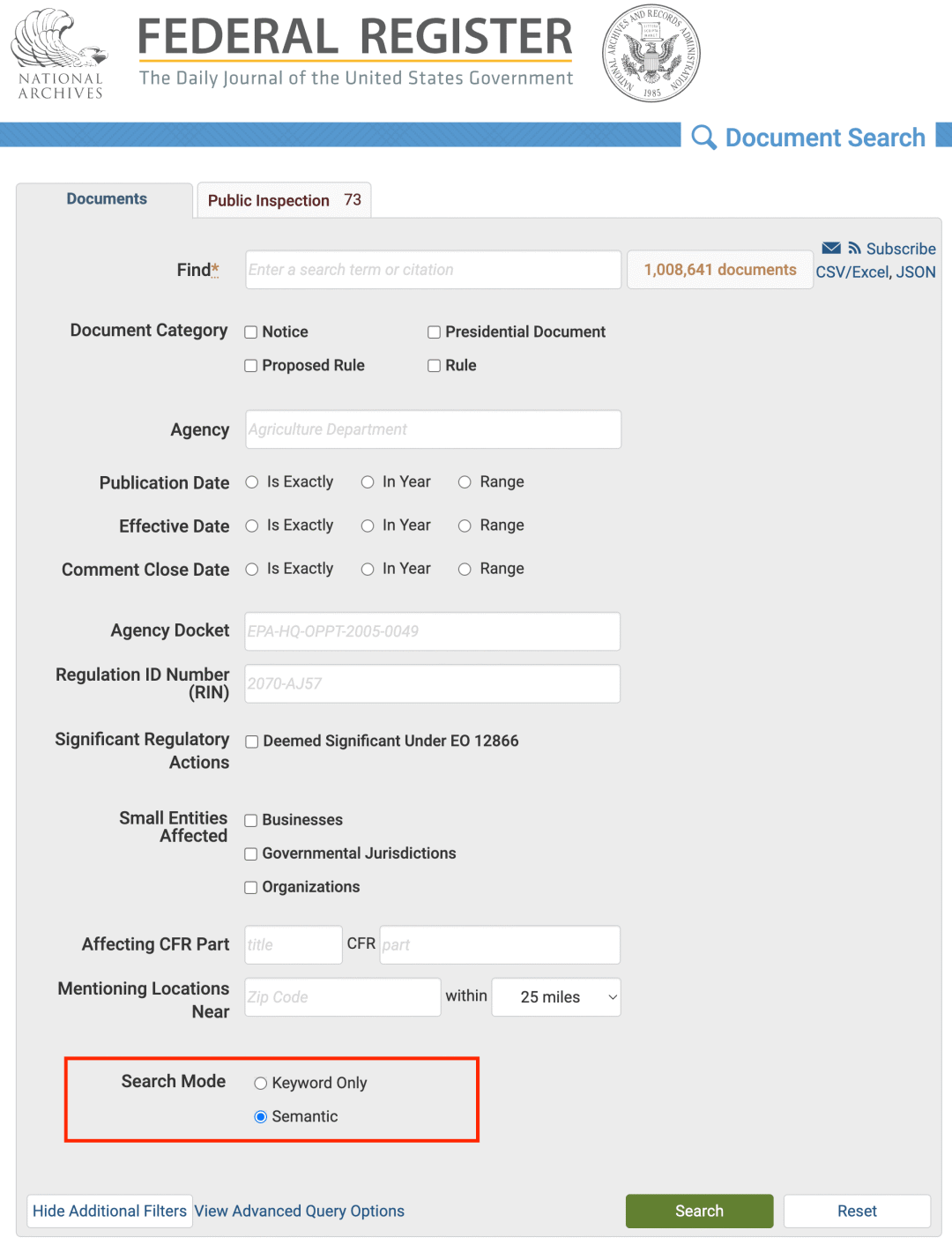 FederalRegister Document Search 当前搜索模式仅剩 Semantic 与 Keyword Only